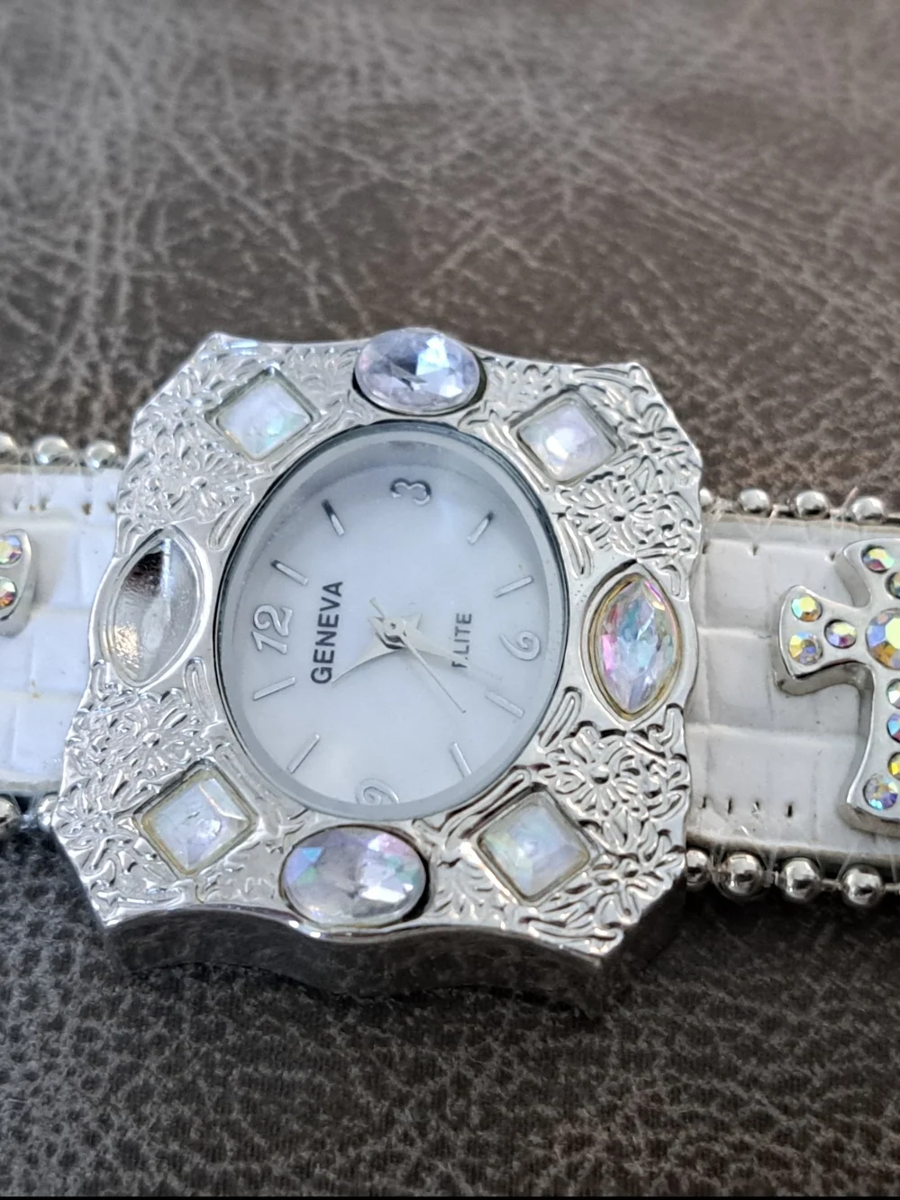 Geneva Silver-Tone Watch with White Strap and Iridescent Stones